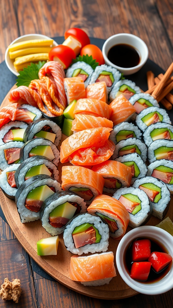 A colorful assortment of sushi rolls on a wooden platter, garnished with pickled ginger and wasabi.